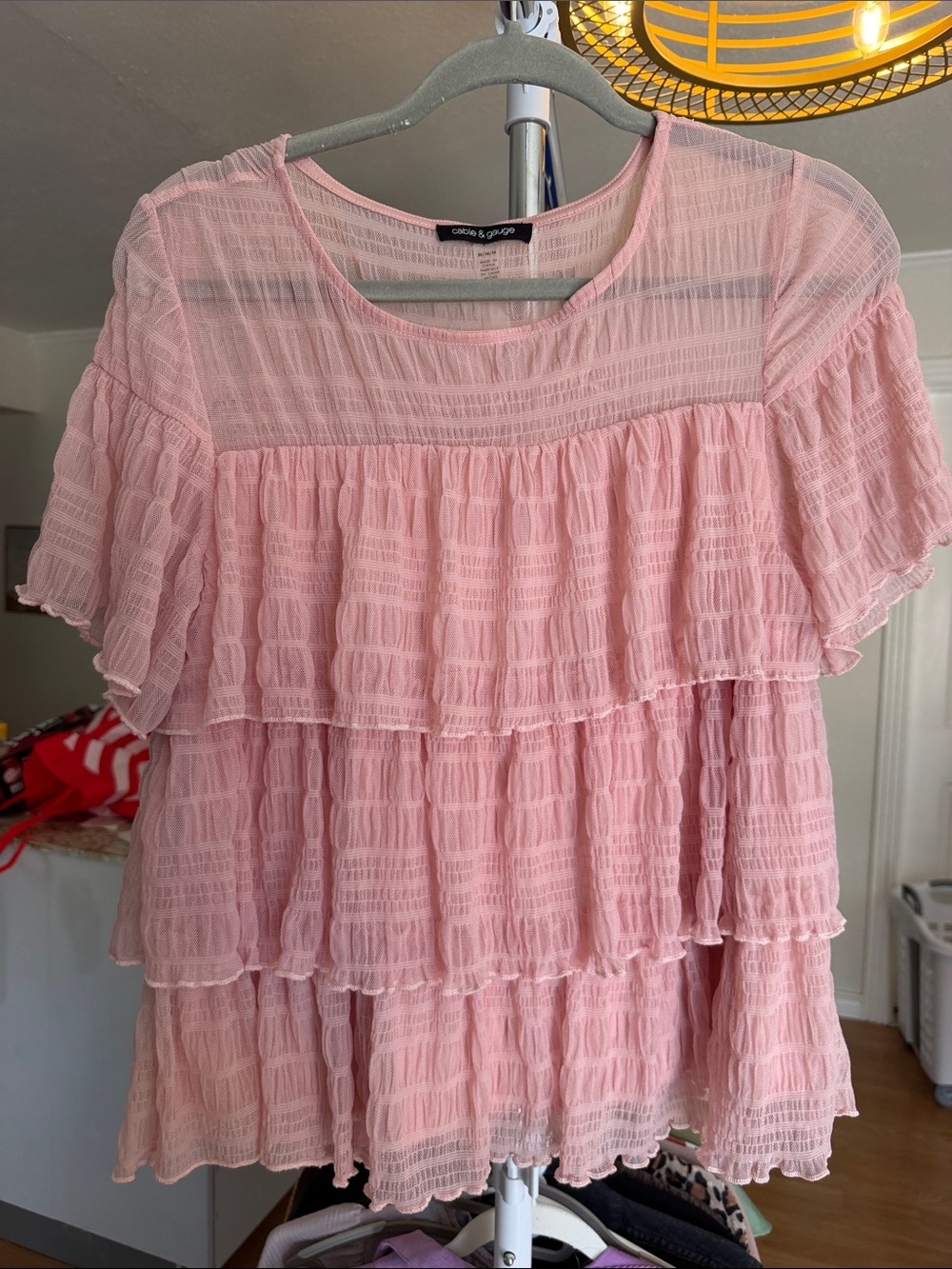 Cable & Gauge Pink Layered Ruffle Short Sleeve Blouse